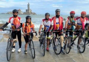 Elated Infinity Ride 2020 cyclists pose in front of Vivekananda Rock Memorial in Kanyakumari after concluding their 45-day long ride from Kashmir to Kanyakumari on Thursday, December 31, 2020 (1)